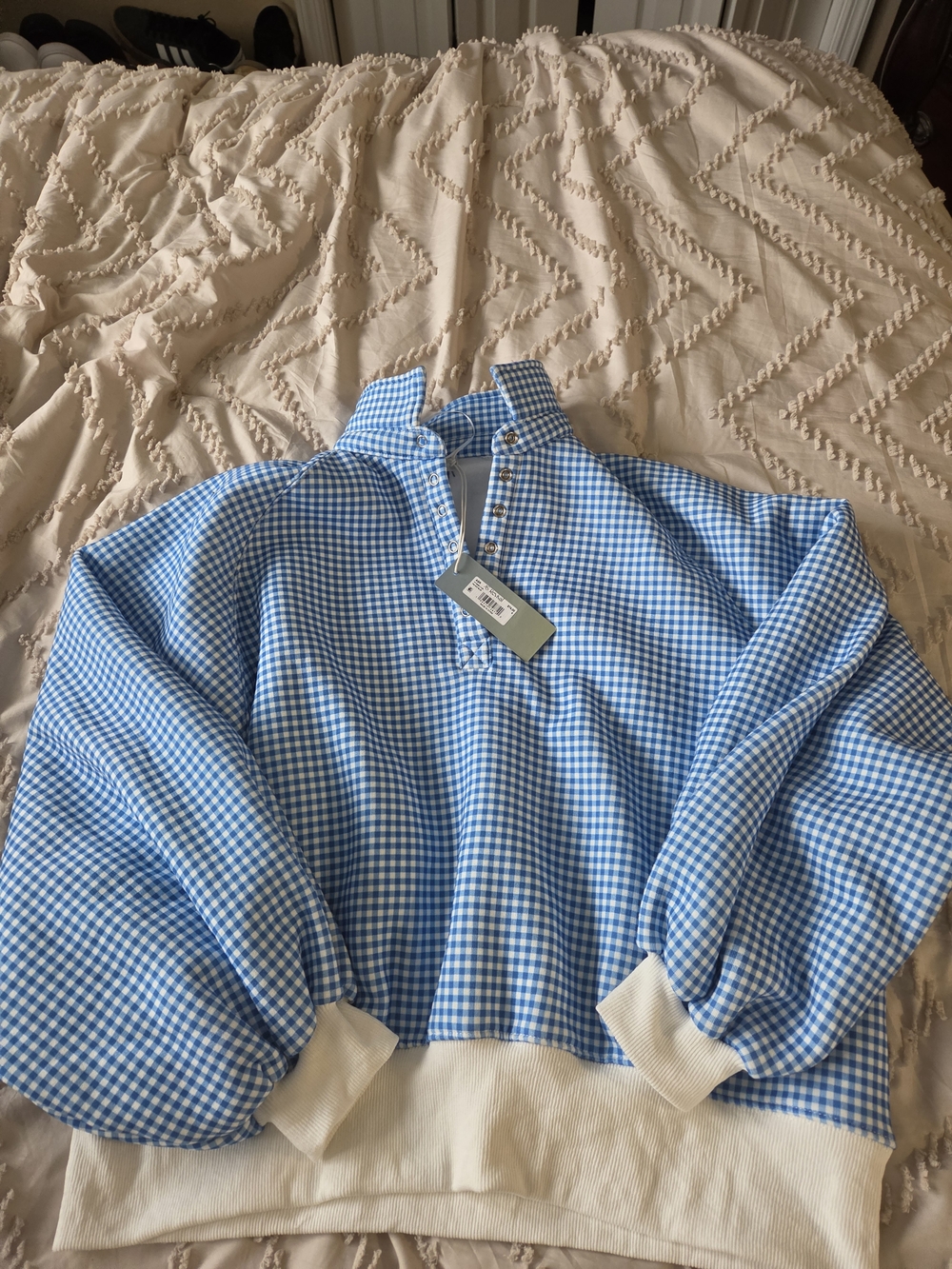 Blue Gingham Pullover Hoodie Sweatshirt - Women's